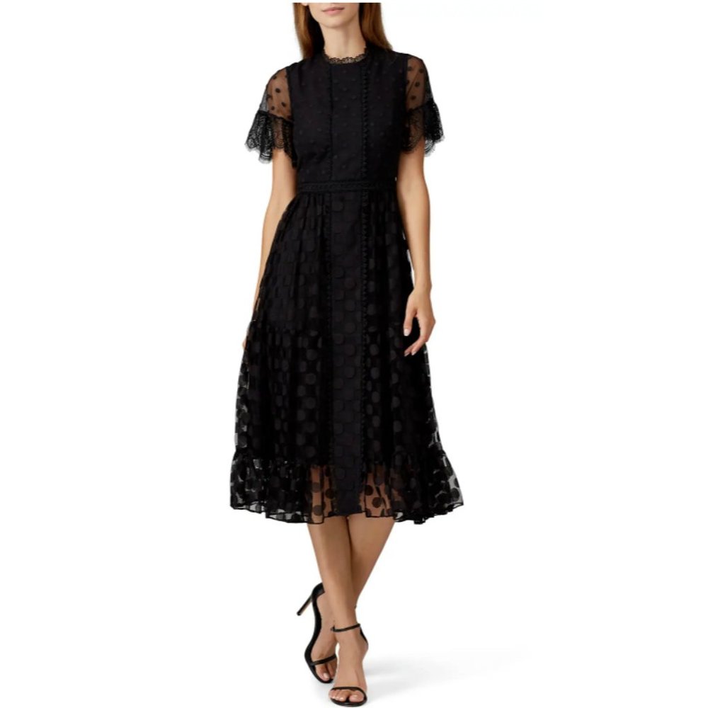 SALONI Black Swiss Dot Midi Dress